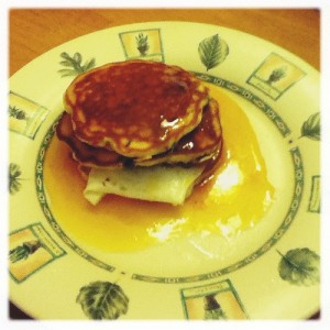 Marionberry #pancakes egg bacon and habanero sauce #breakfast